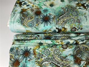 Viscosejersey - skønt paisley mønster med blomster og mint toner